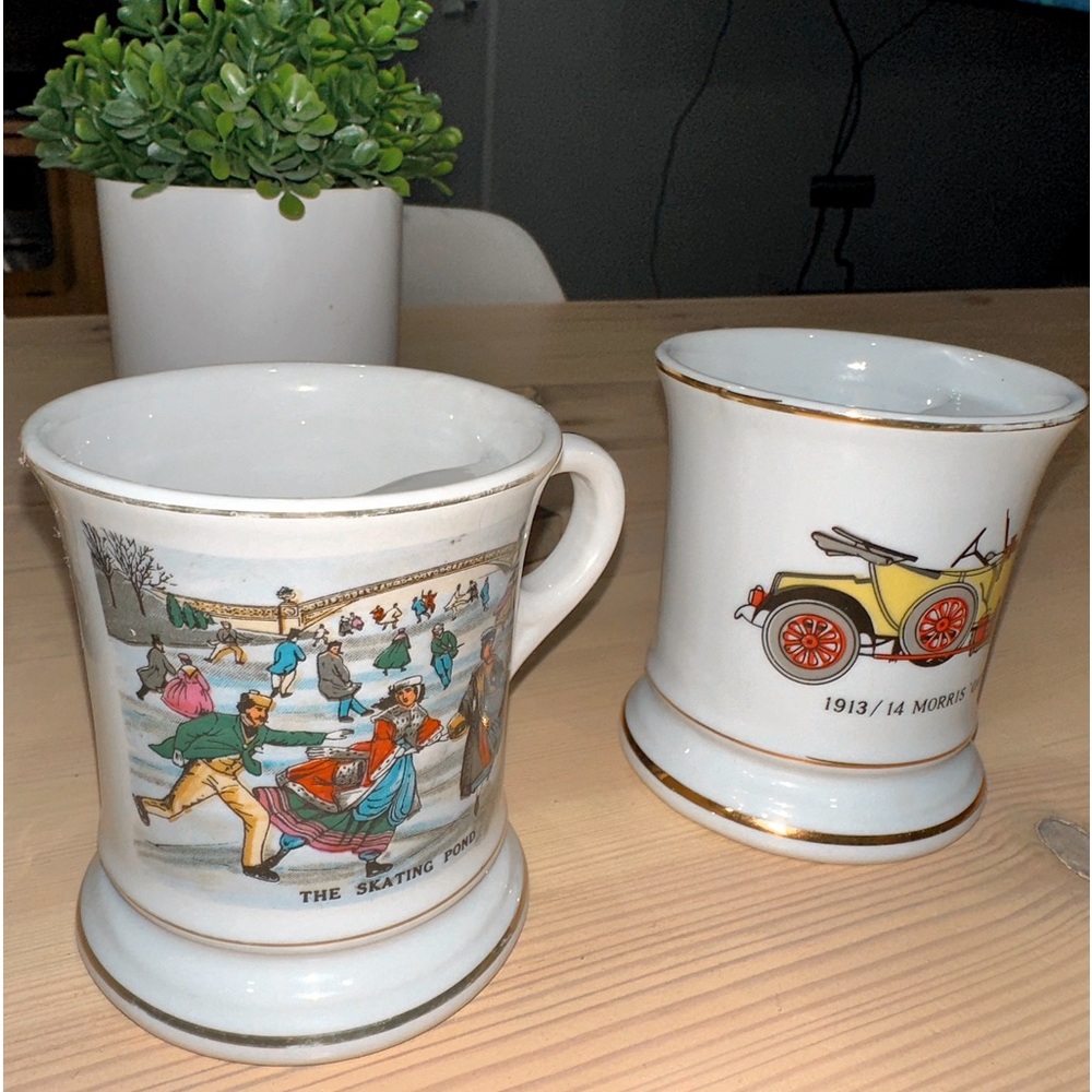 Pair Currier & Ives Vintage Mustache Mug Gold Trim “The Skating Pond”